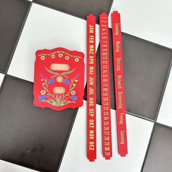 Vintage German Perpetual Sliding Wall Calendar WOOD Painted Red Kitschy - Picture 9 of 13